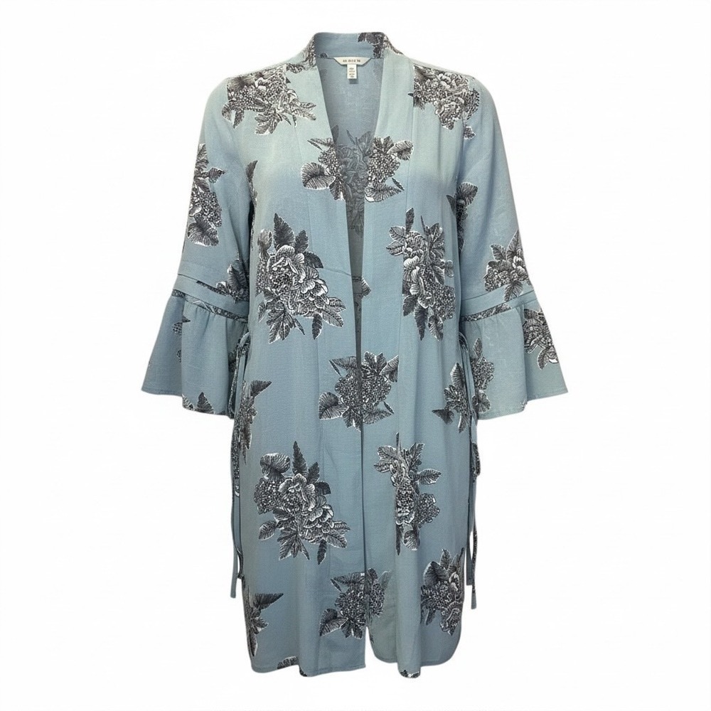 BKE Boutique Women's Boho‎ Blue Black Floral Bell Sleeve Open Kimono Cardigan L